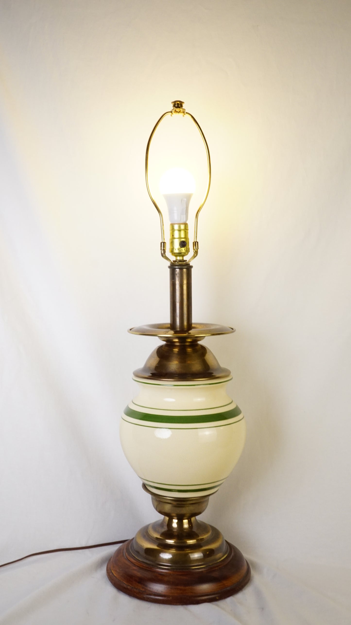 Vintage Cream Porcelain Lamp with Green Banding