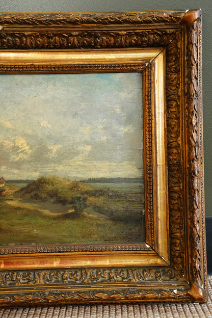 Antique Signed French Windmill Landscape Oil Painting on Panel, Dated 1879