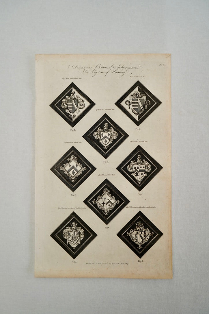 Antique Georgian Heraldry Engraving, Funeral Hatchments Diagram, c. 1790s, Plate 1