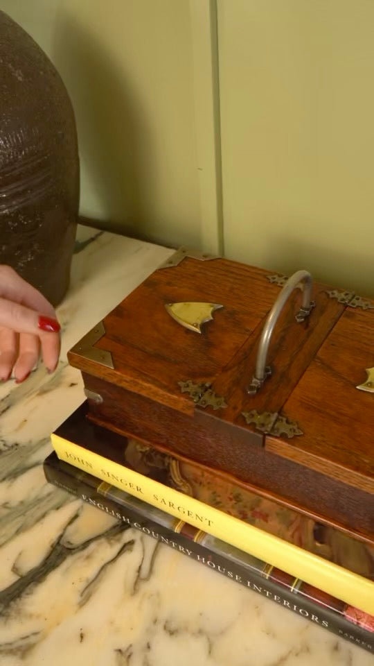 Antique Edwardian Oak & Silver-Plated Two-Compartment Stationery Box with Handle