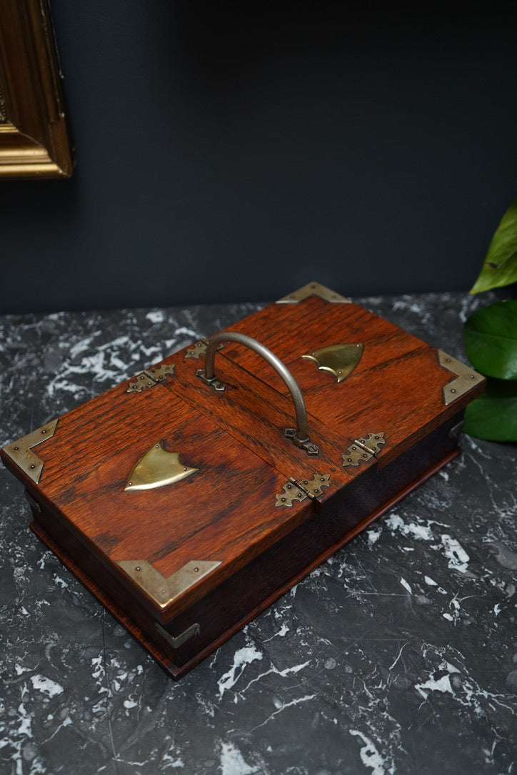 Antique Edwardian Oak & Silver-Plated Two-Compartment Stationery Box with Handle