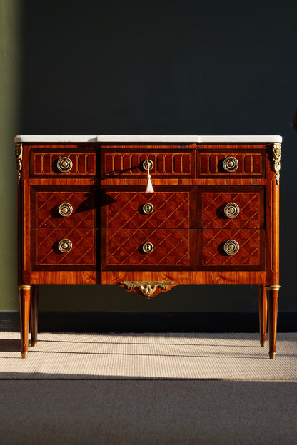 Antique French Louis XVI Parquetry Commode with Marble Top