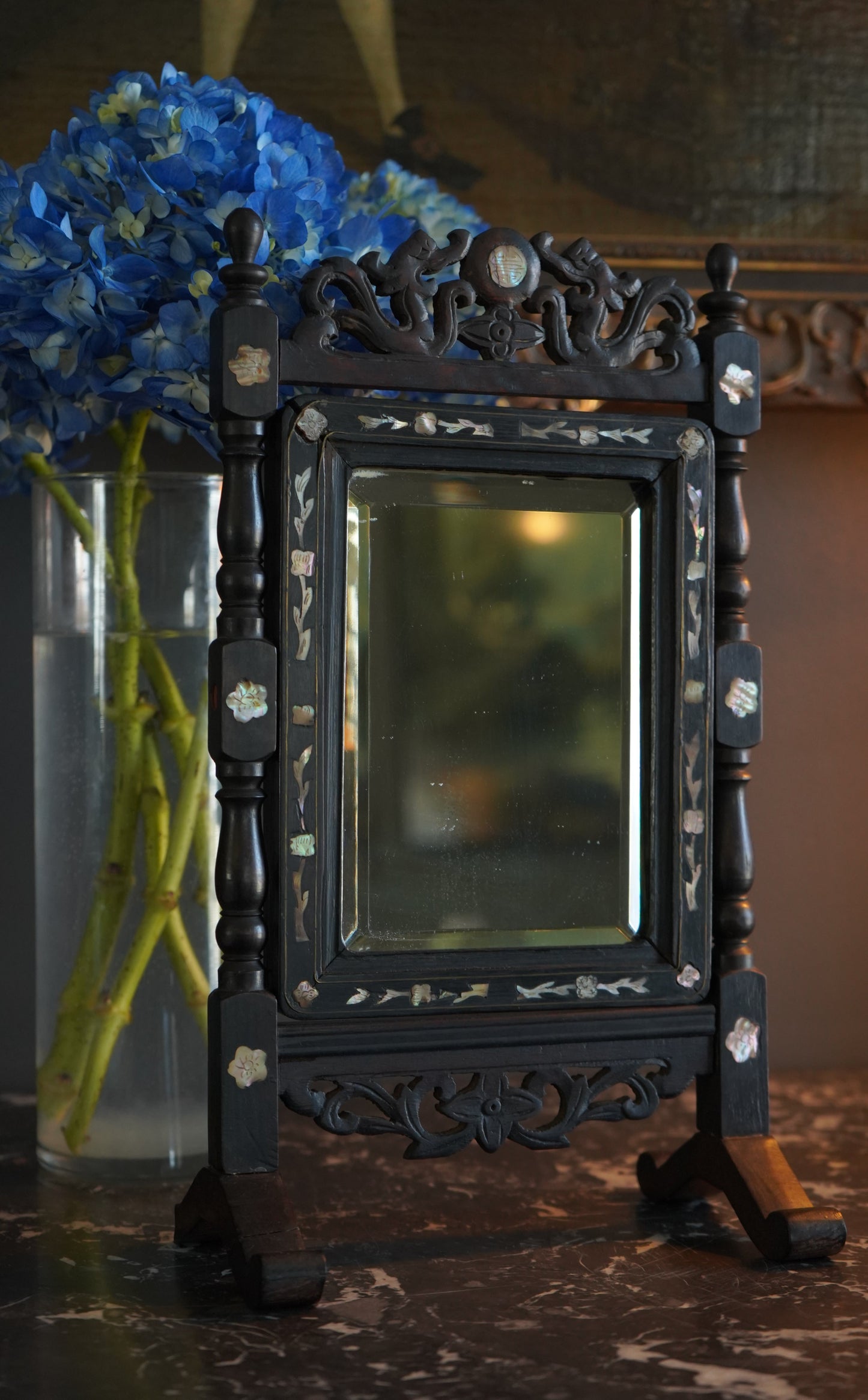 Antique Ebonized Wood & Mother-of-Pearl Vanity Tabletop Mirror