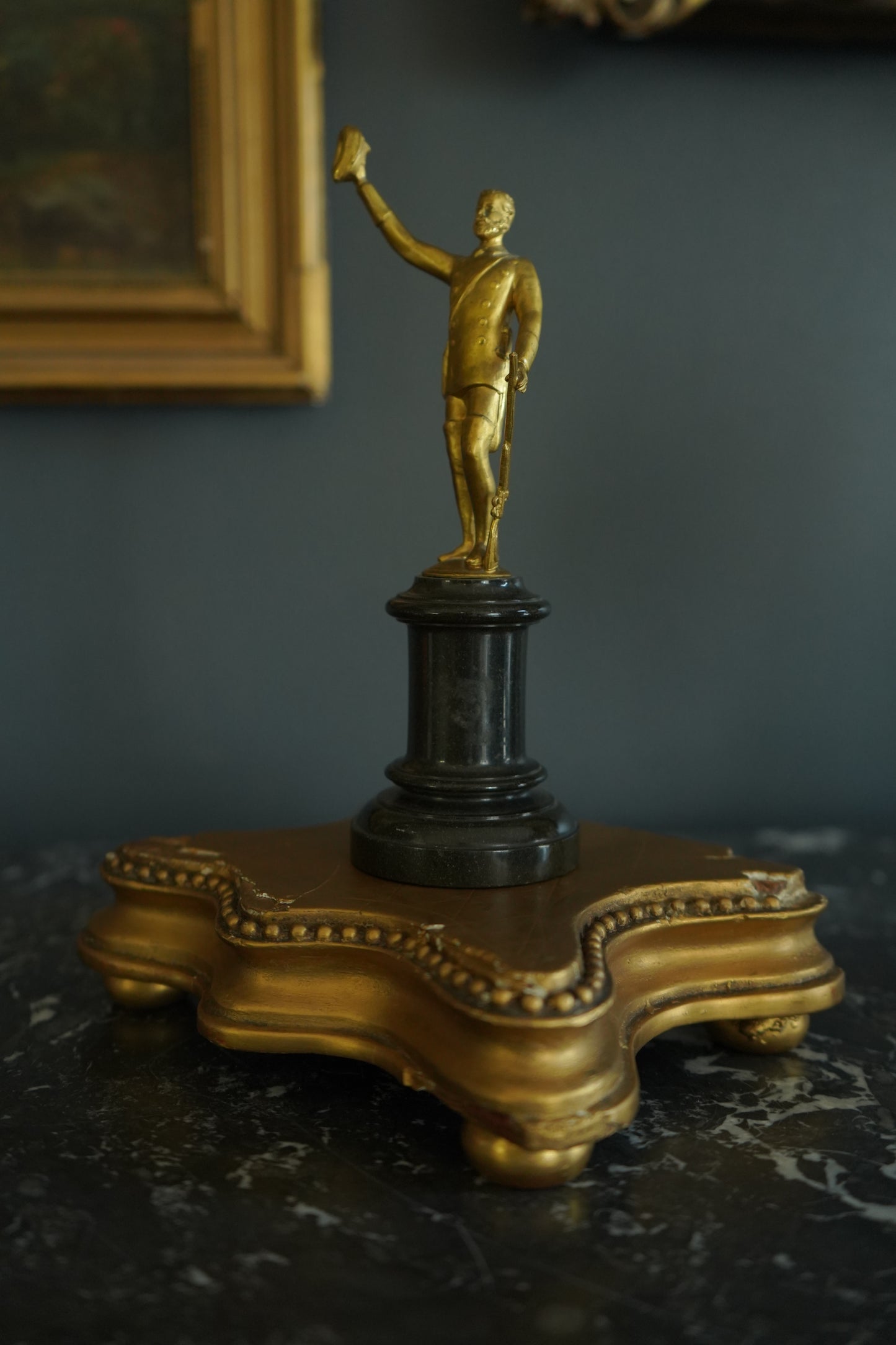 Late 19th to Early 20th Century Gilt Bronze Gentleman Officer Figurine on Black Marble Base