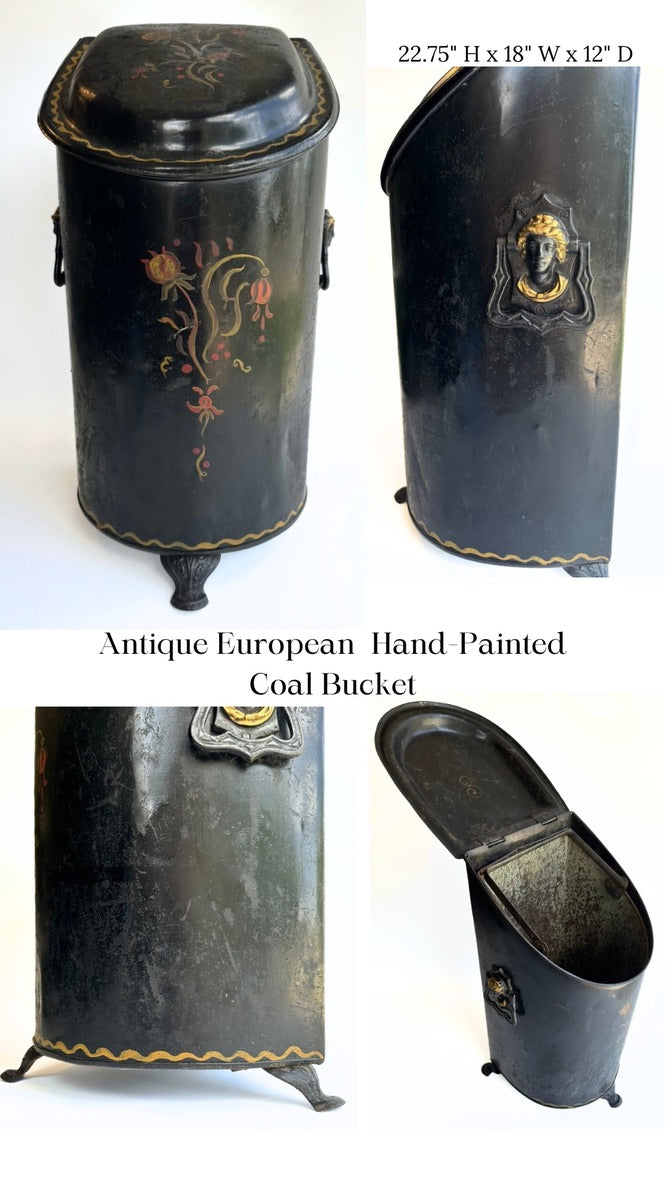 Antique European Hand‑Painted Tole Coal Scuttle | Victorian Fireplace Bucket, c.1880