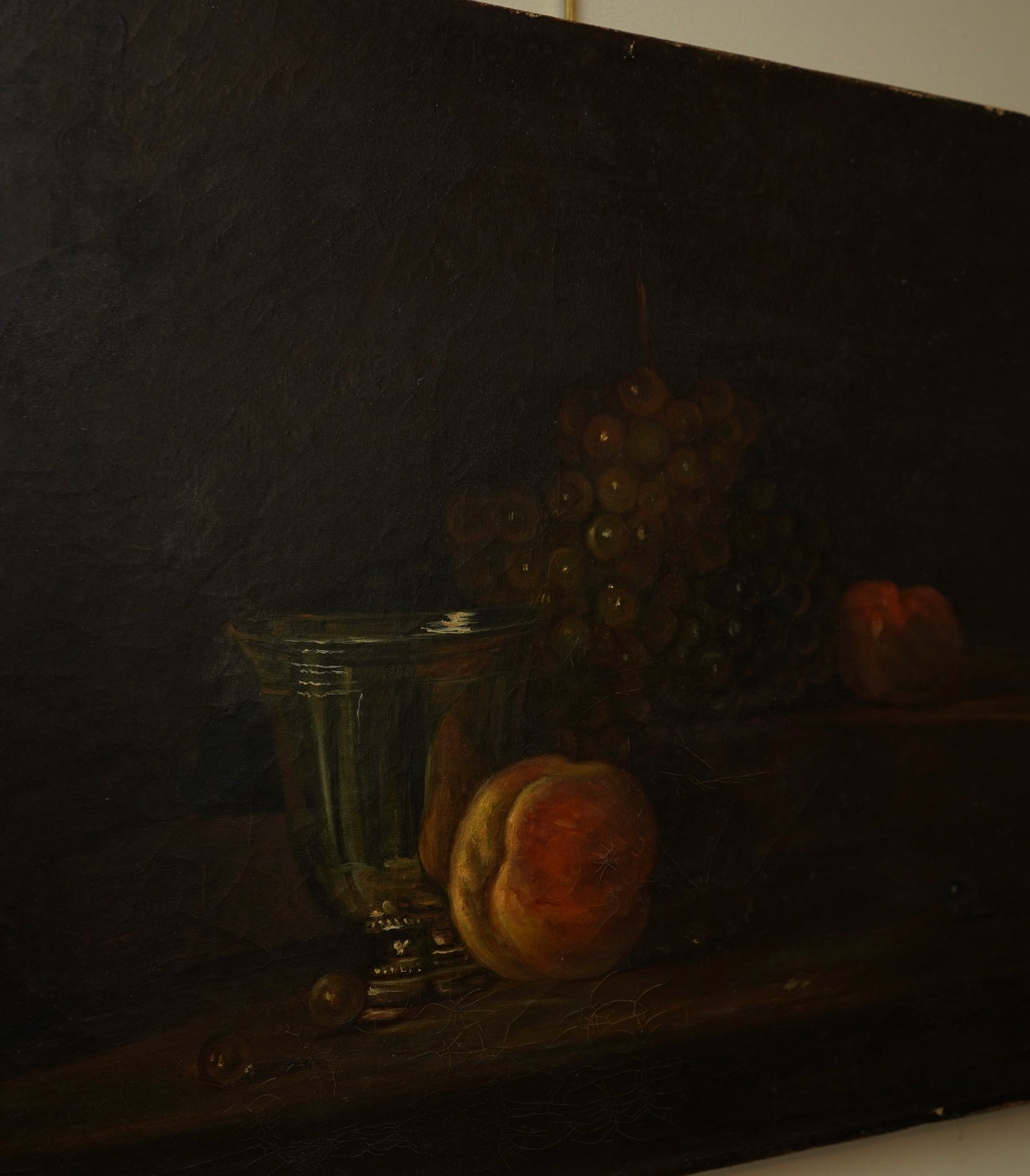 Early 20th Century Oil Painting After Chardin – Still Life with Silver Goblet, Peach & Grapes