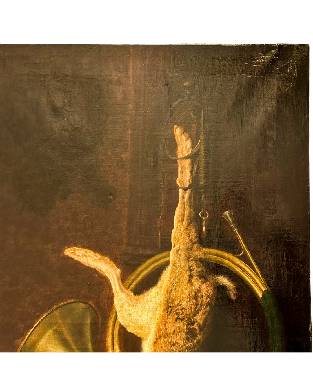 19th Century Game Hunt Rabbit Oil Painting, Large Unframed European Hunt Old Masters Oil Painting