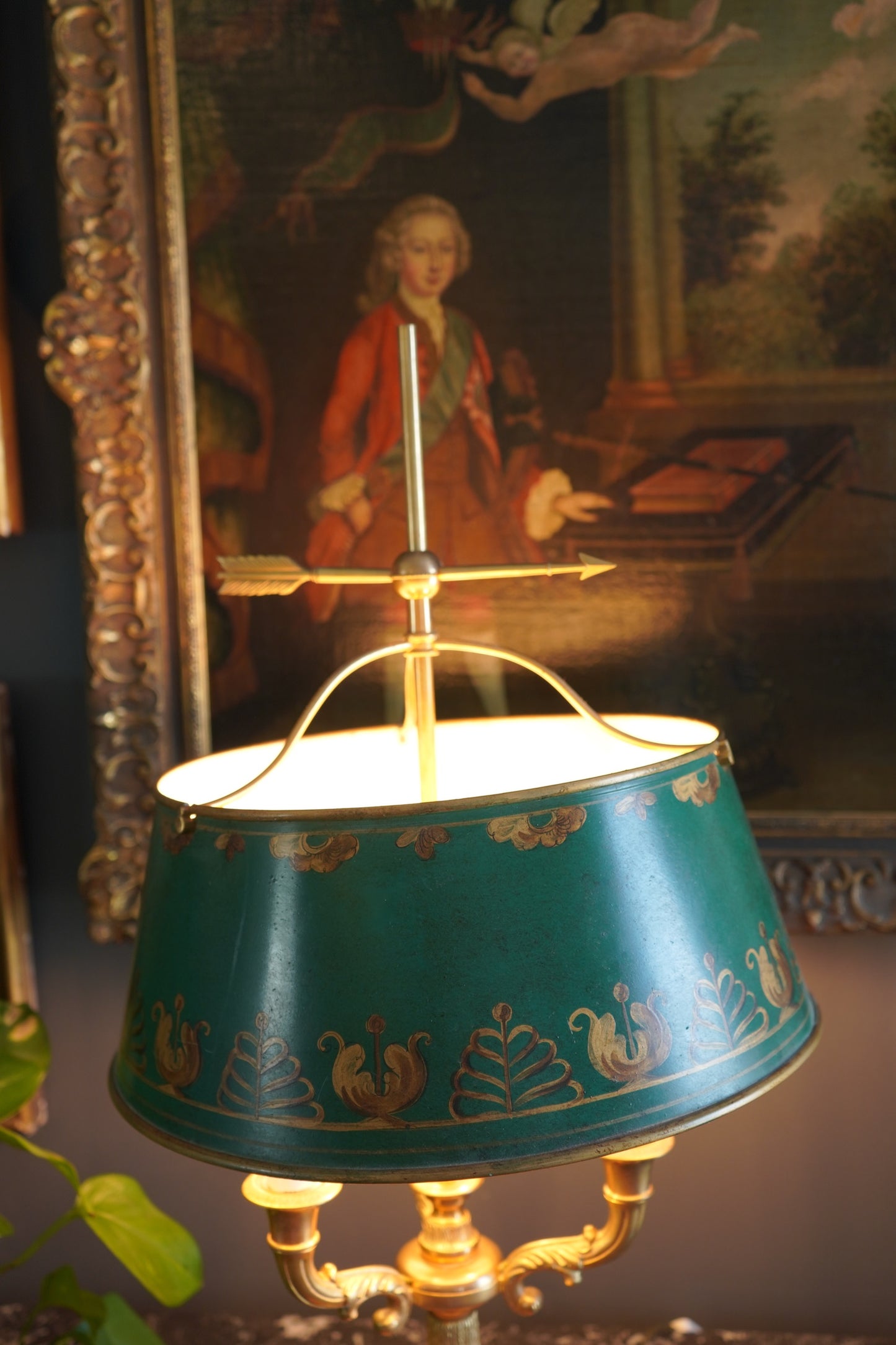 Antique French Bouillotte Lamp with Hand-Painted Tole Shade | Gilt Bronze / Brass Mix, Neoclassical, c.1920