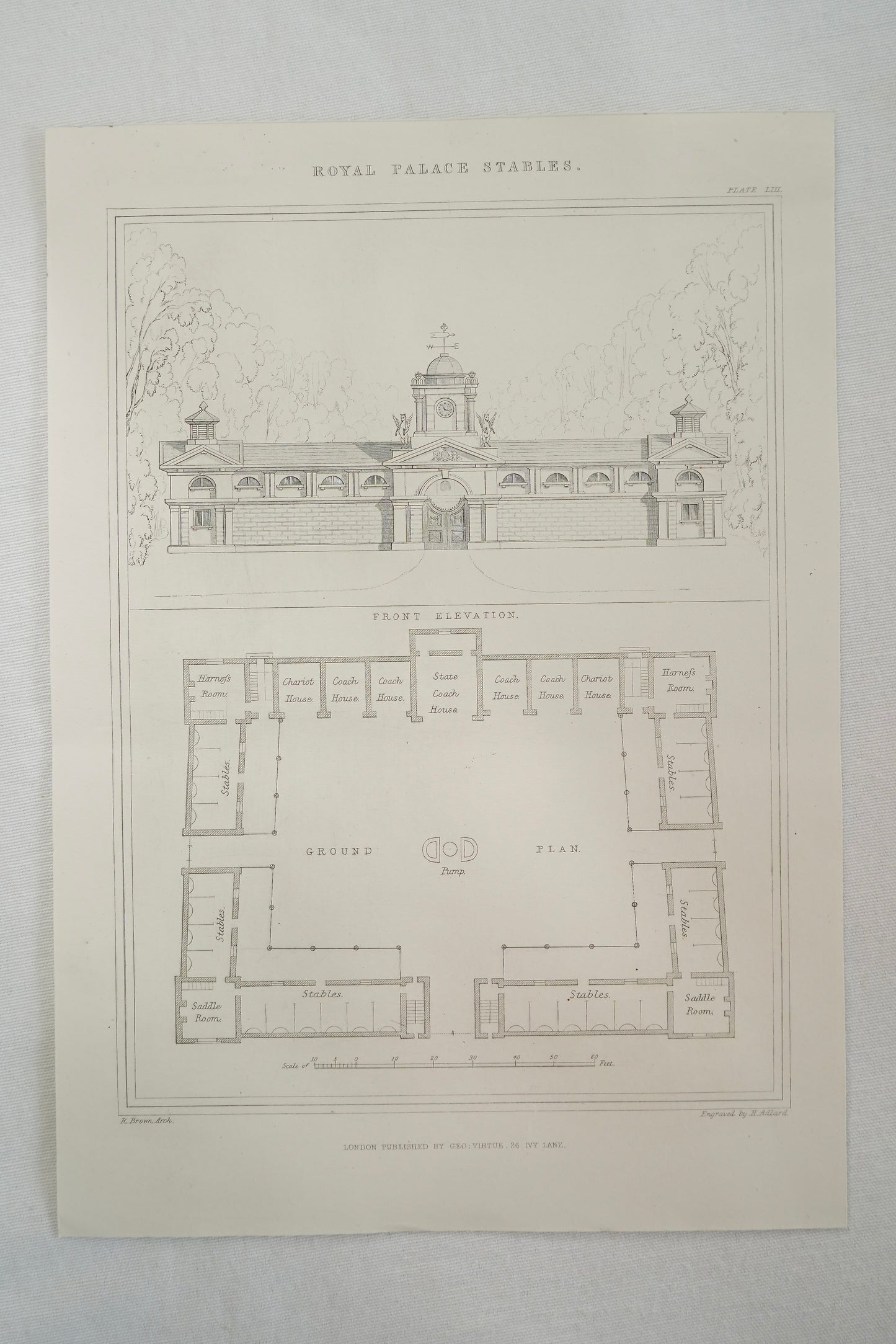 Antique Royal Palace Stables Architectural Engraving, Plate III, J. Le Keux, c. 1830–1860