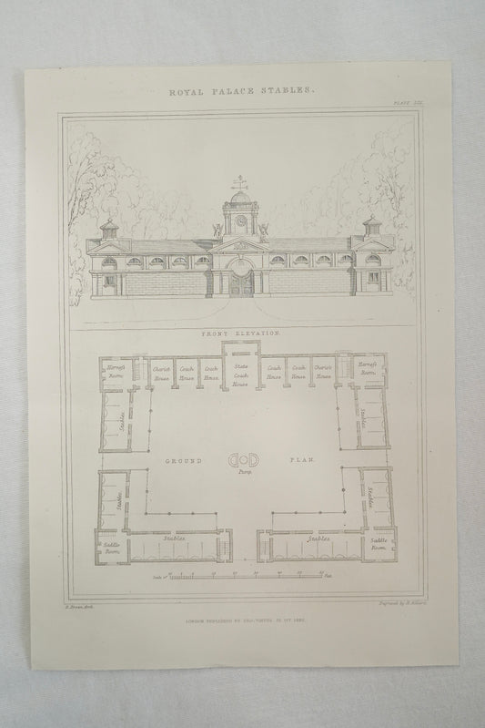 Antique Royal Palace Stables Architectural Engraving, Plate III, J. Le Keux, c. 1830–1860