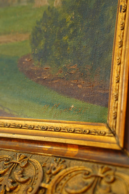 Antique Oil Painting Brussels Park Garden Scene