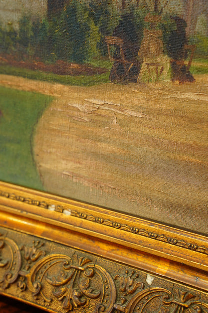 Antique Oil Painting Brussels Park Garden Scene