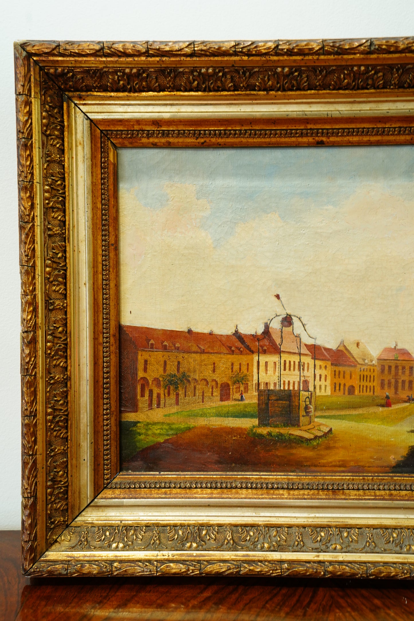 Antique Oil Painting of a European Town Square