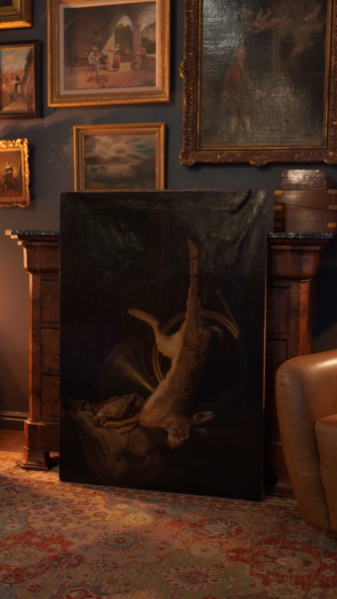 19th Century Game Hunt Rabbit Oil Painting, Large Unframed European Hunt Old Masters Oil Painting