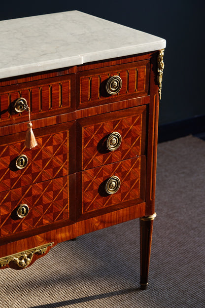 Antique French Louis XVI Parquetry Commode with Marble Top