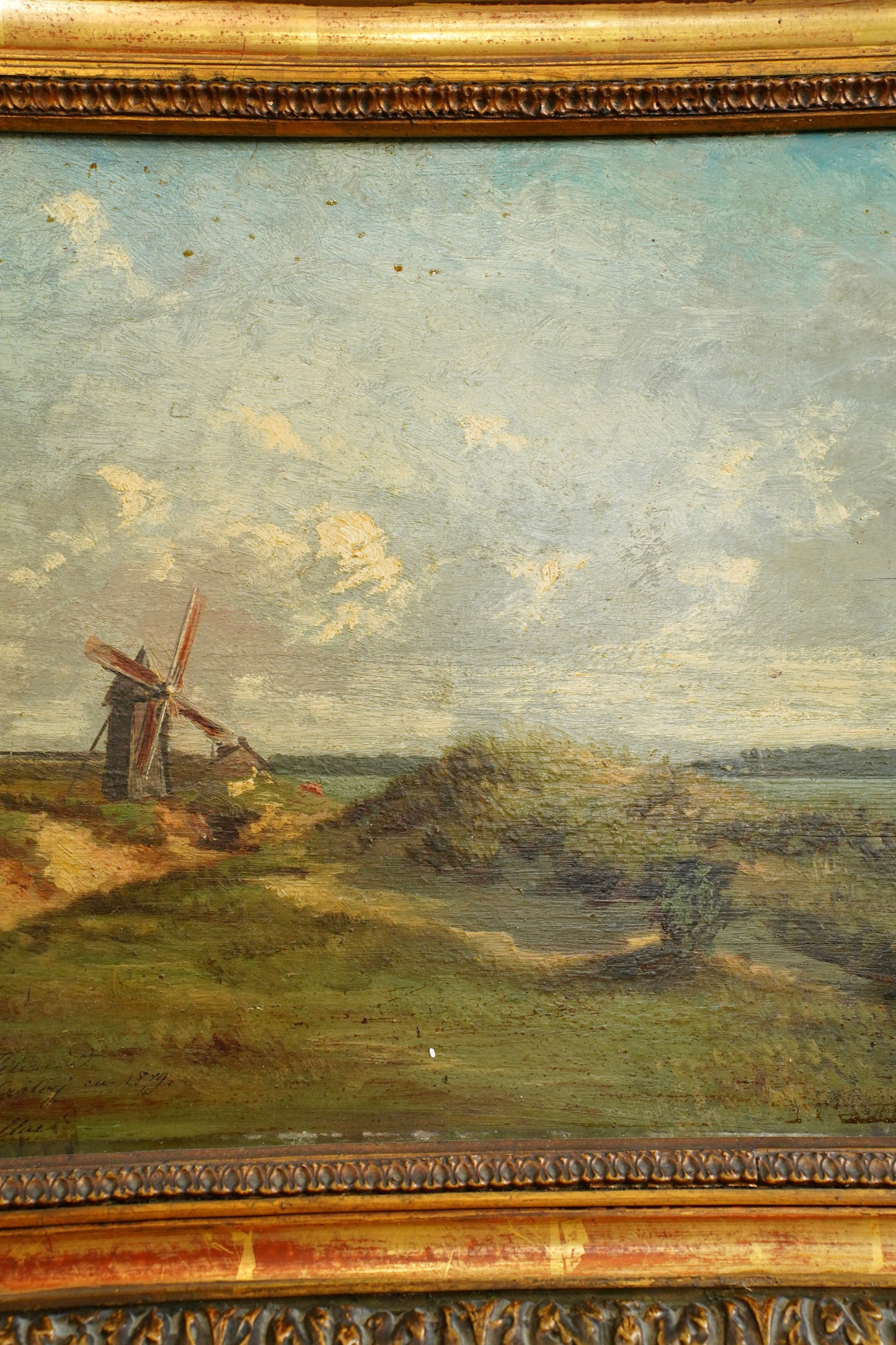 Antique Signed French Windmill Landscape Oil Painting on Panel, Dated 1879