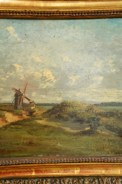 Antique Signed French Windmill Landscape Oil Painting on Panel, Dated 1879