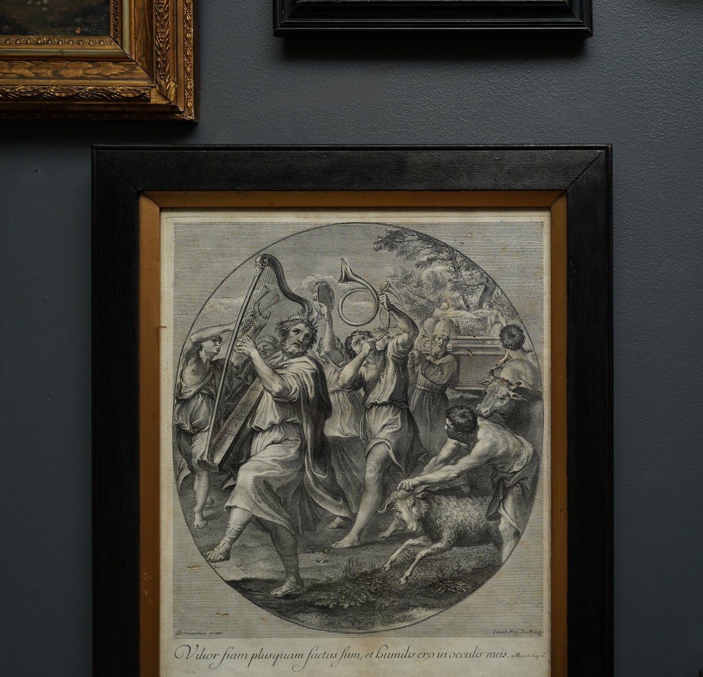 Johann Jakob Frey Engraving “The Triumph of David” after Domenichino | 18th-Century Biblical Print in Black Frame