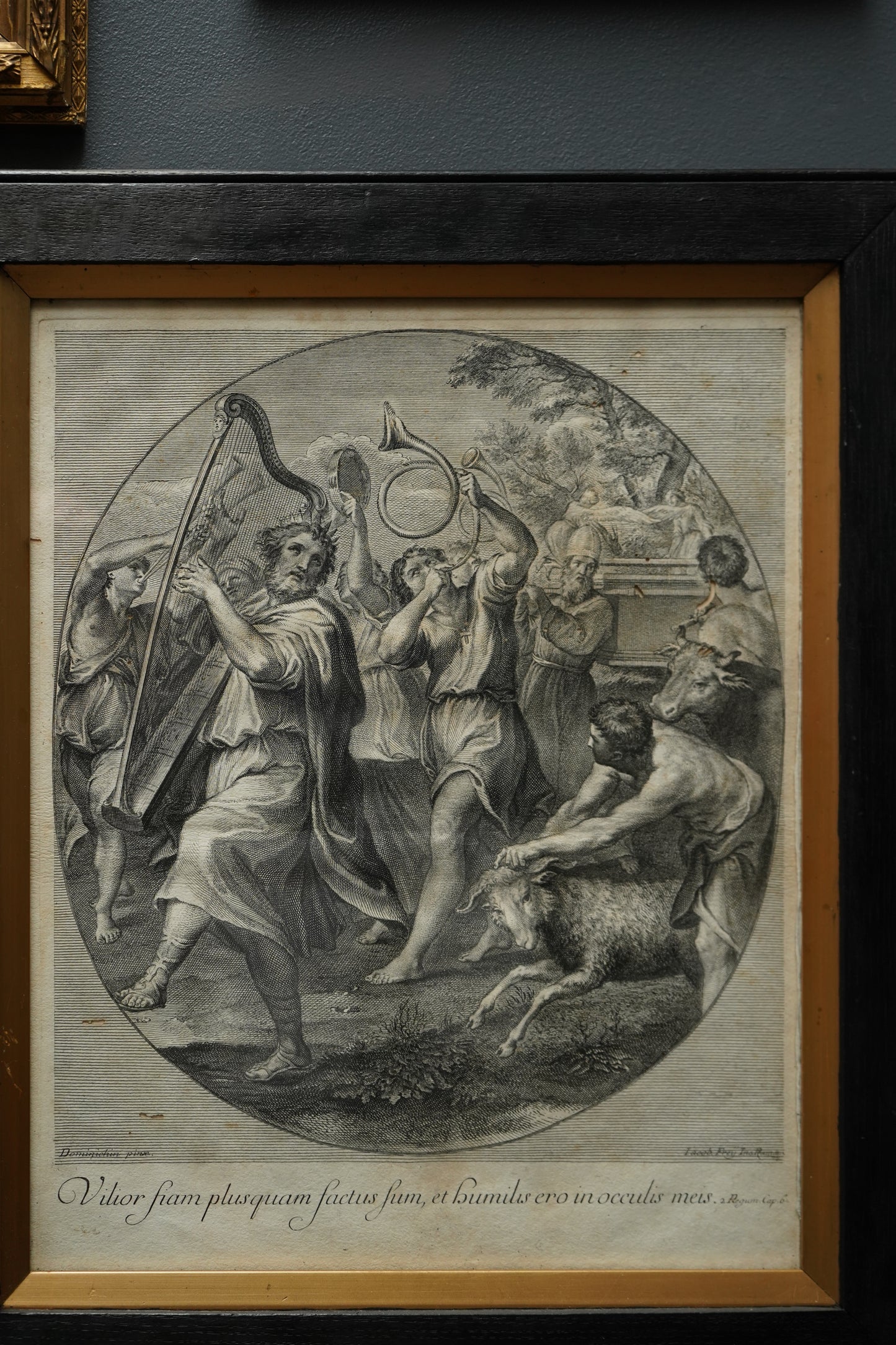 Johann Jakob Frey Engraving “The Triumph of David” after Domenichino | 18th-Century Biblical Print in Black Frame