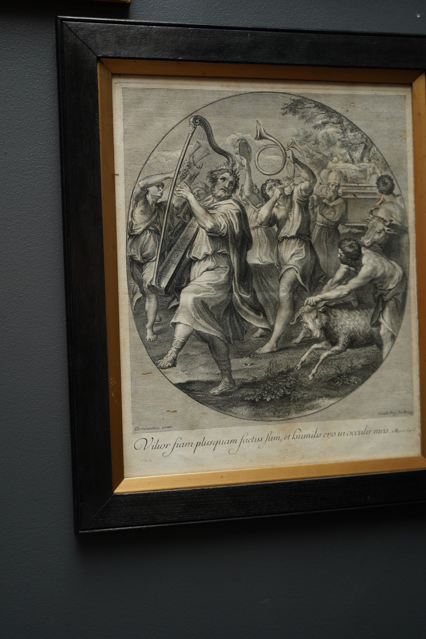 Johann Jakob Frey Engraving “The Triumph of David” after Domenichino | 18th-Century Biblical Print in Black Frame