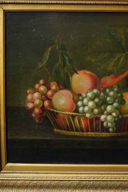 Antique Continental Still Life, Peaches and Grapes in a Basket, Oil on Canvas