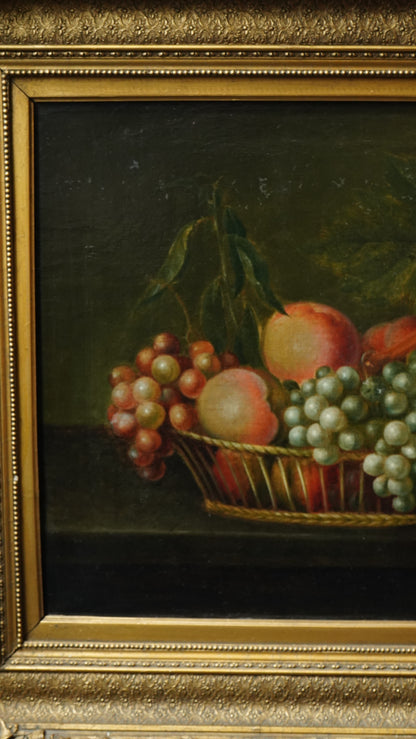 Antique Continental Still Life, Peaches and Grapes in a Basket, Oil on Canvas