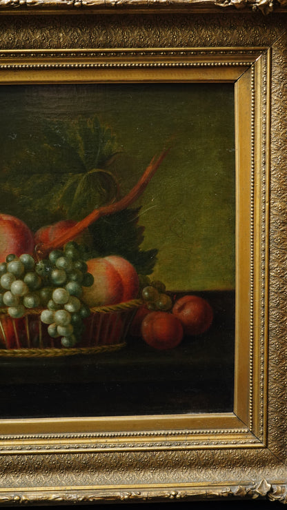 Antique Continental Still Life, Peaches and Grapes in a Basket, Oil on Canvas