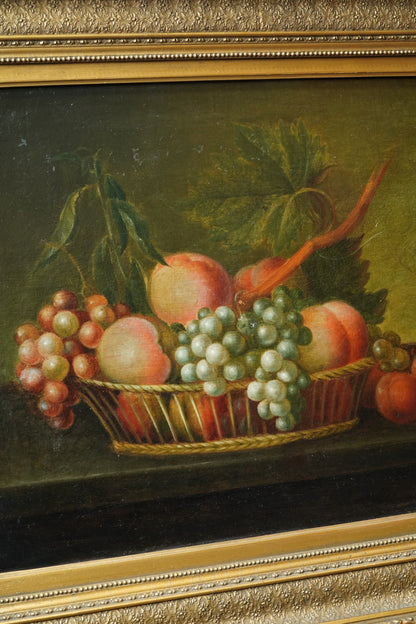Antique Continental Still Life, Peaches and Grapes in a Basket, Oil on Canvas