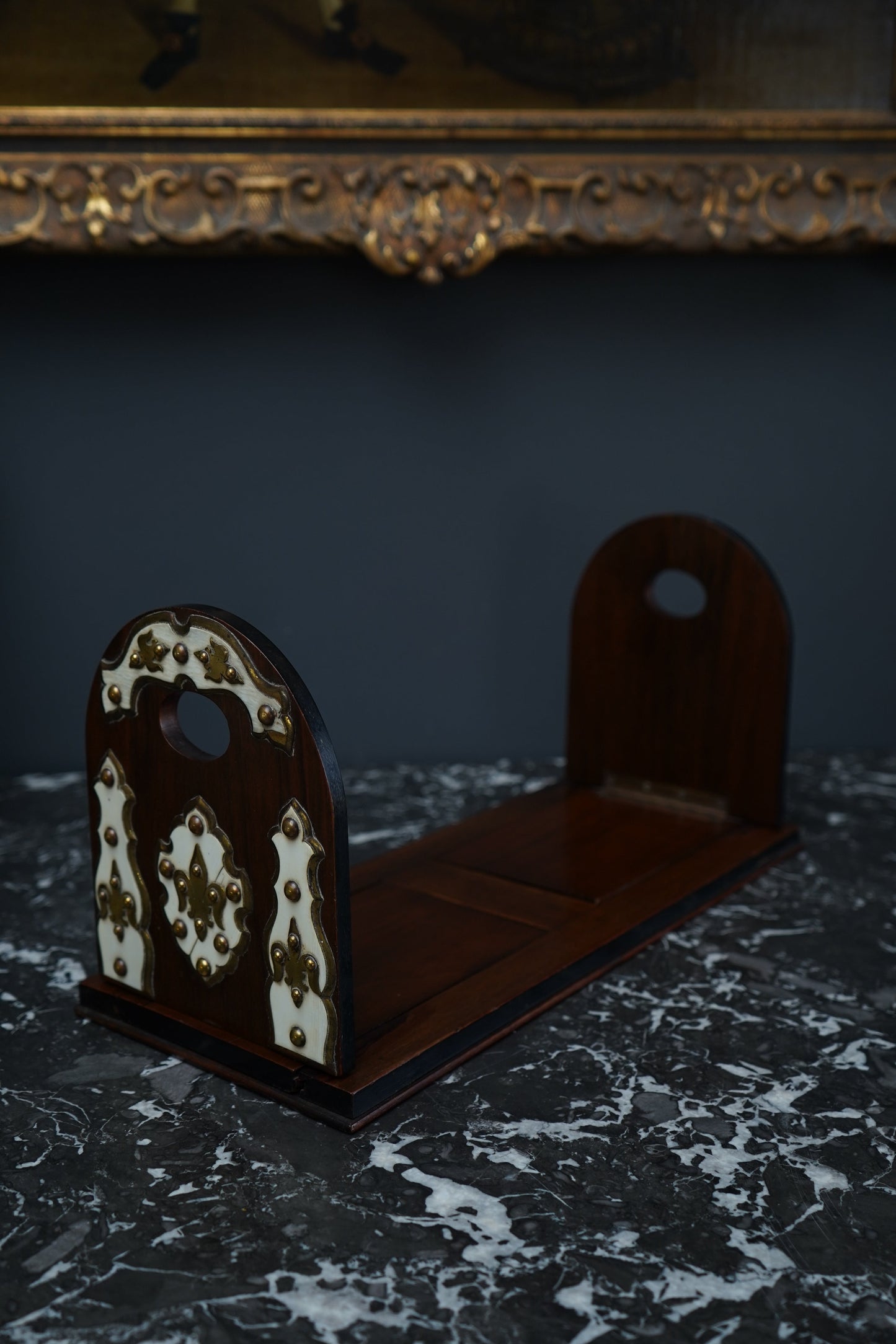 Antique Victorian Walnut, Brass & Bone Book Slide | English Expandable Book Holder c. 1870–1900