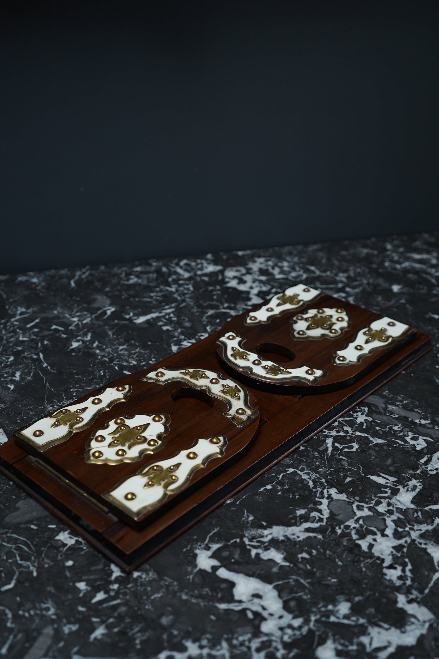 Antique Victorian Walnut, Brass & Bone Book Slide | English Expandable Book Holder c. 1870–1900