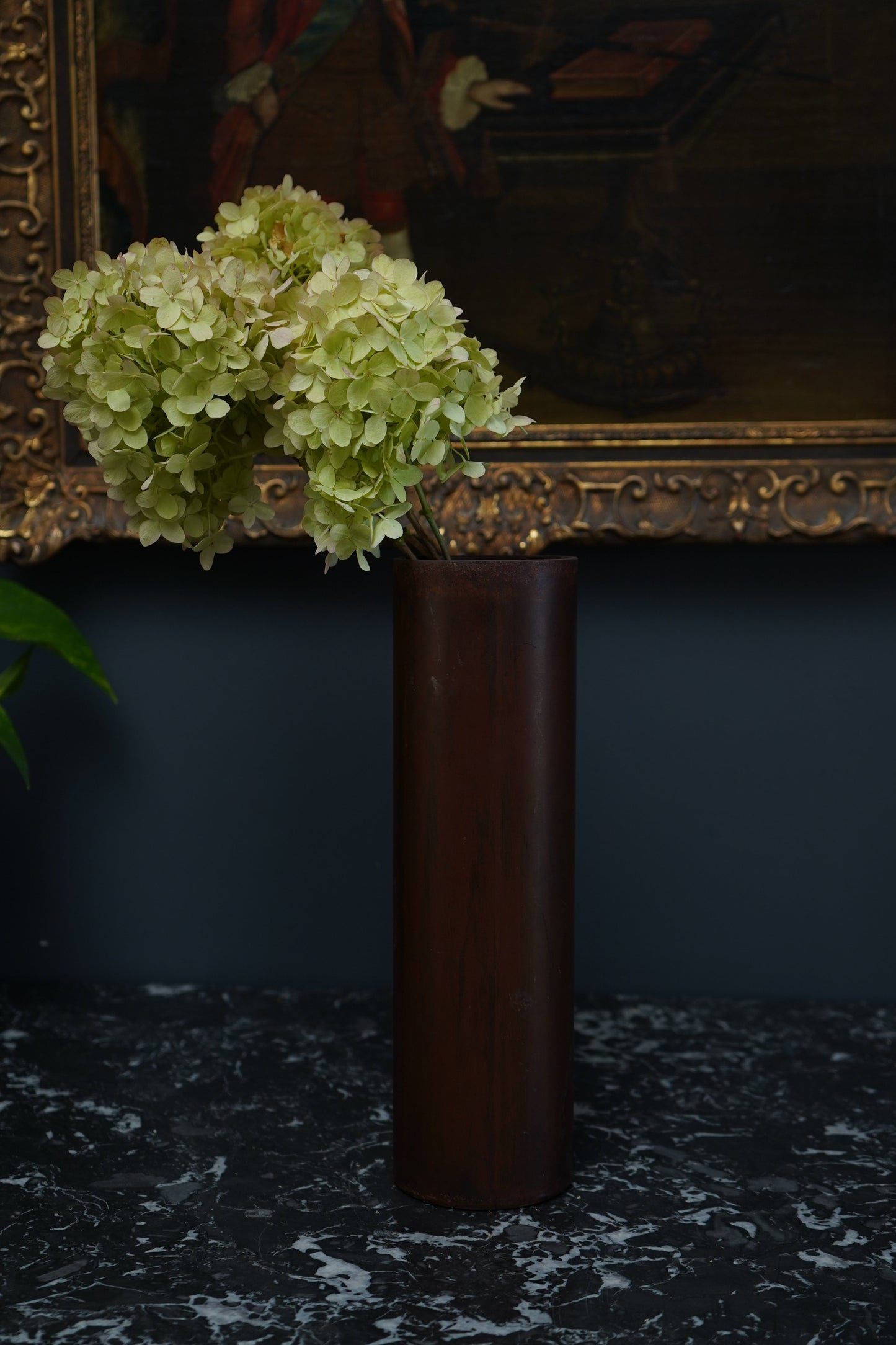 Mid-Century Modern Sculptural Metal Vase | Brutalist Cylinder Form, Painted Patina Finish