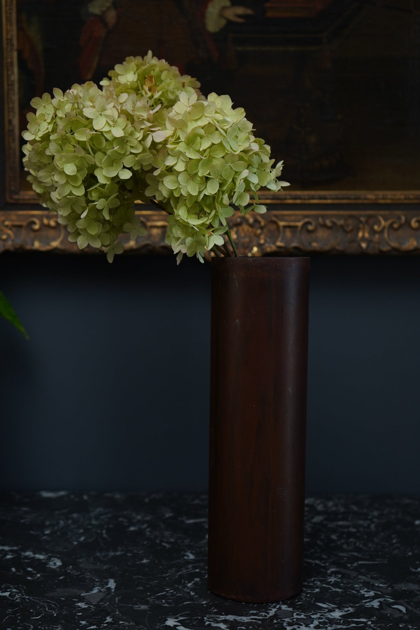 Mid-Century Modern Sculptural Metal Vase | Brutalist Cylinder Form, Painted Patina Finish