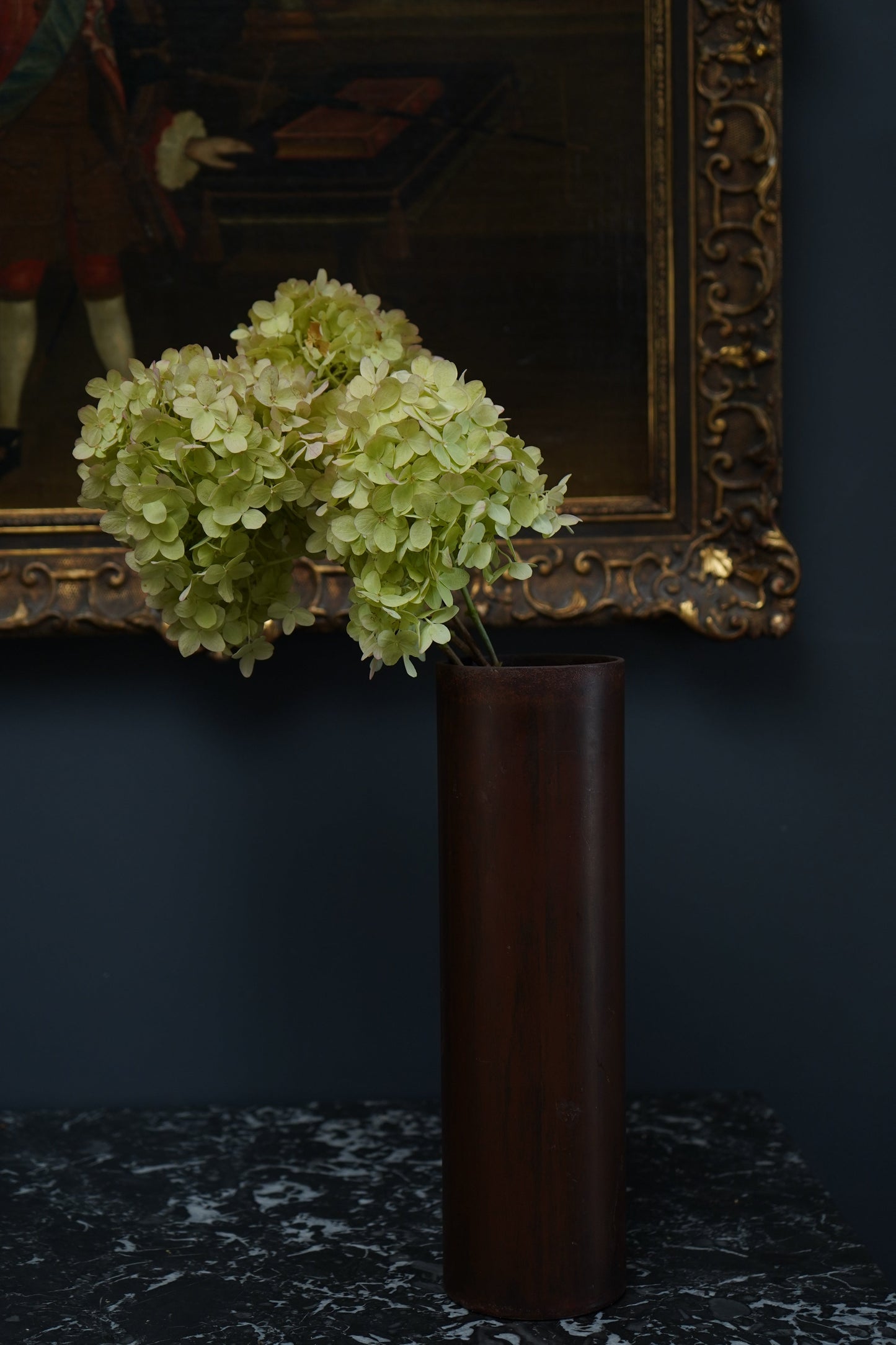 Mid-Century Modern Sculptural Metal Vase | Brutalist Cylinder Form, Painted Patina Finish