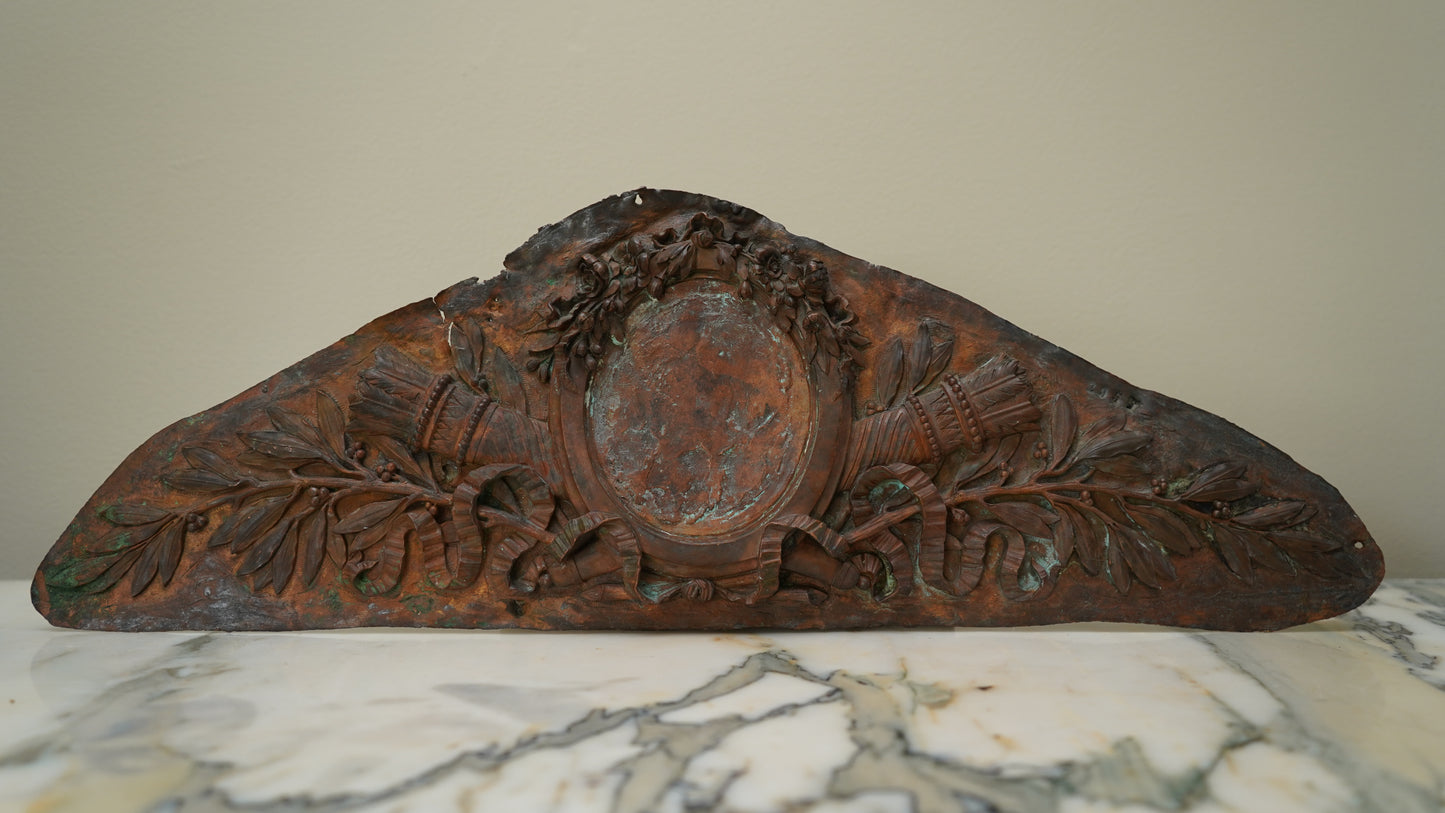 Antique French Bronze Overdoor Pediment with Louis XVI Cartouche | French Bronze Architectural Salvage