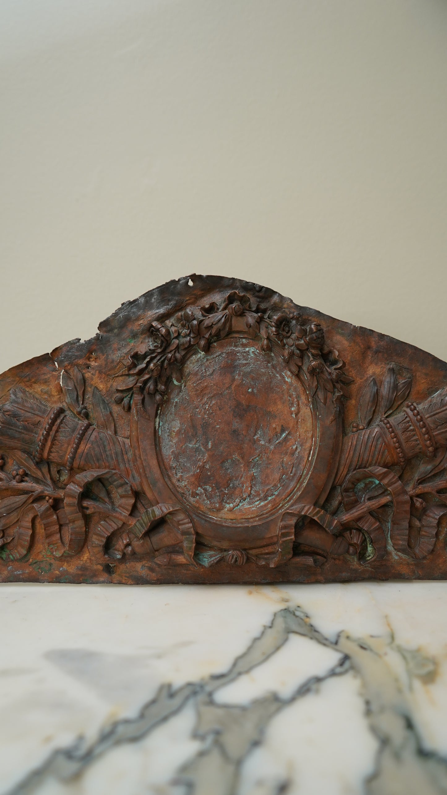 Antique French Bronze Overdoor Pediment with Louis XVI Cartouche | French Bronze Architectural Salvage