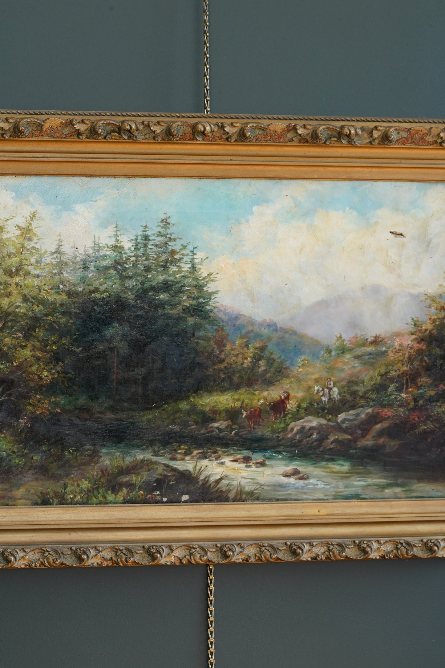 19th Century British River Landscape with Cattle and Drover, Oil on Canvas