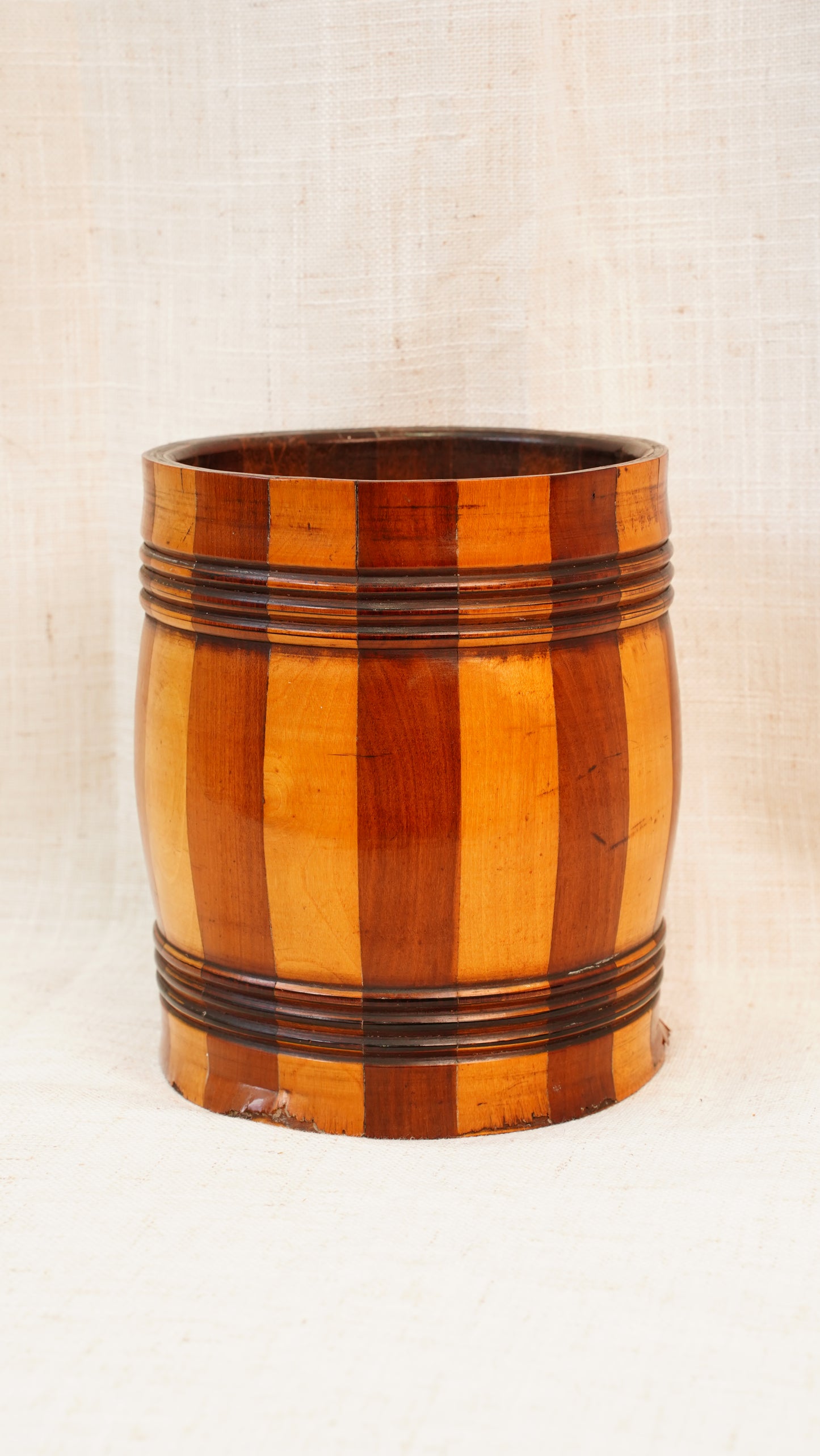 Antique English Coopered Treen Jar, Barrel Form, Circa 1880