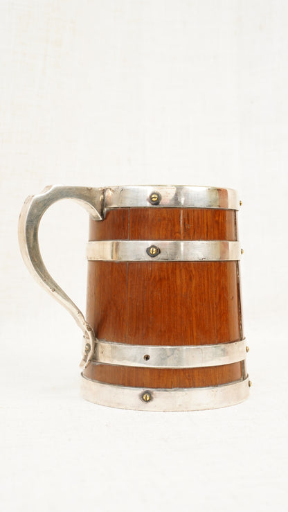 Antique English Oak and Silver Plate Tankard, Sheffield