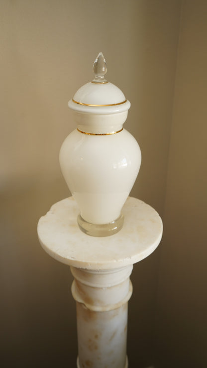 Mid-Century White Glass Apothecary Jar with Gilt Detail and Clear Finial