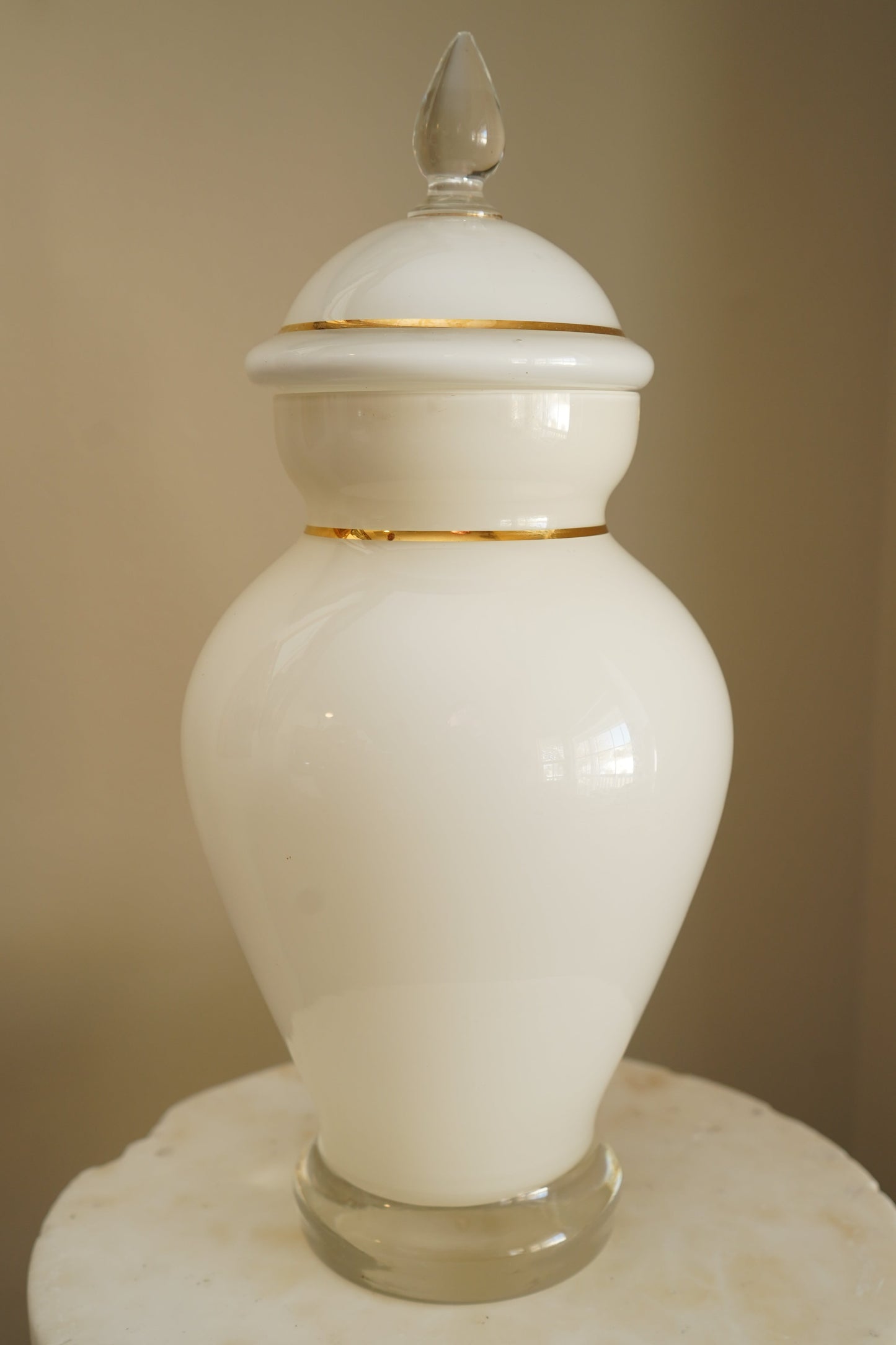 Mid-Century White Glass Apothecary Jar with Gilt Detail and Clear Finial