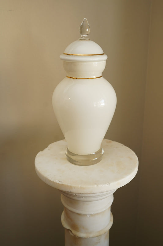 Mid-Century White Glass Apothecary Jar with Gilt Detail and Clear Finial