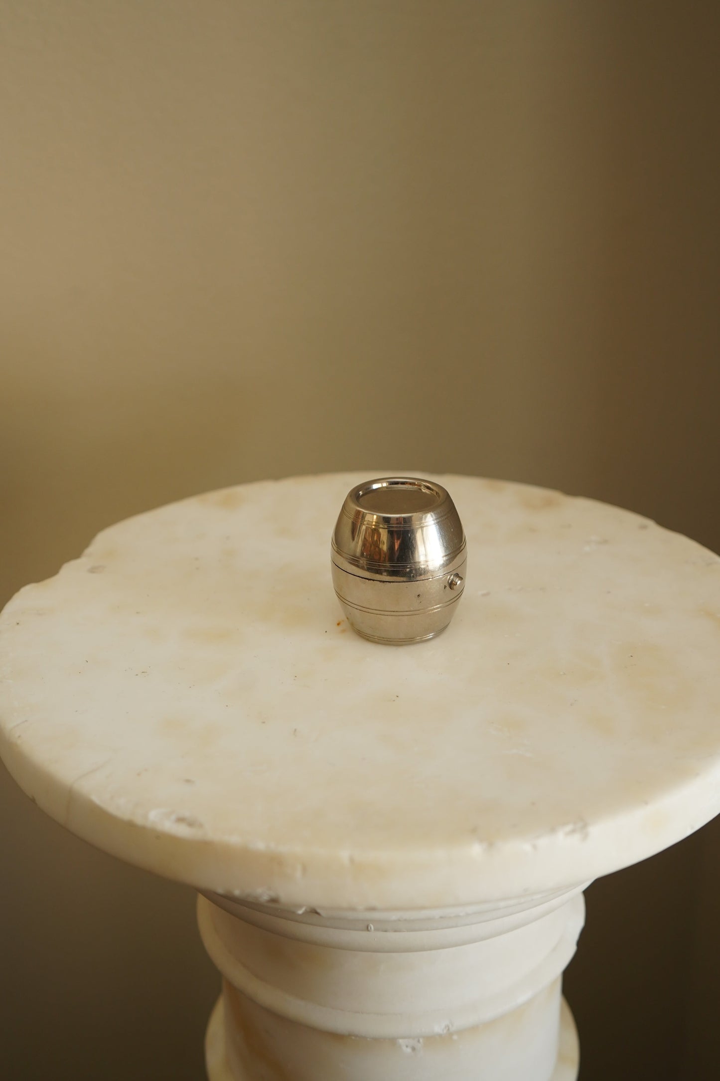 Antique Silver Plated Barrel Travel Inkwell with Glass Liner | Victorian to Edwardian Era Portable Ink Pot