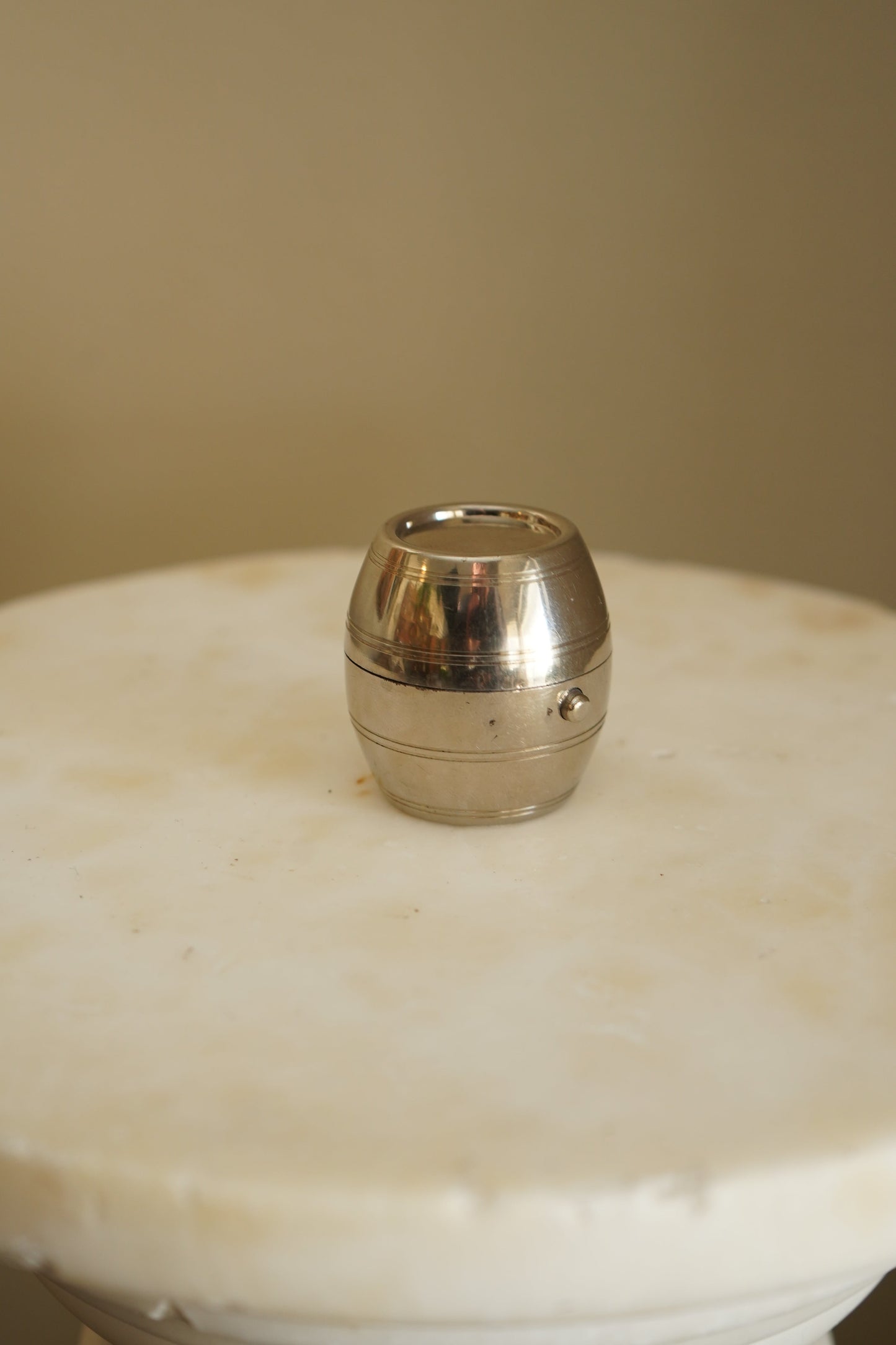 Antique Silver Plated Barrel Travel Inkwell with Glass Liner | Victorian to Edwardian Era Portable Ink Pot