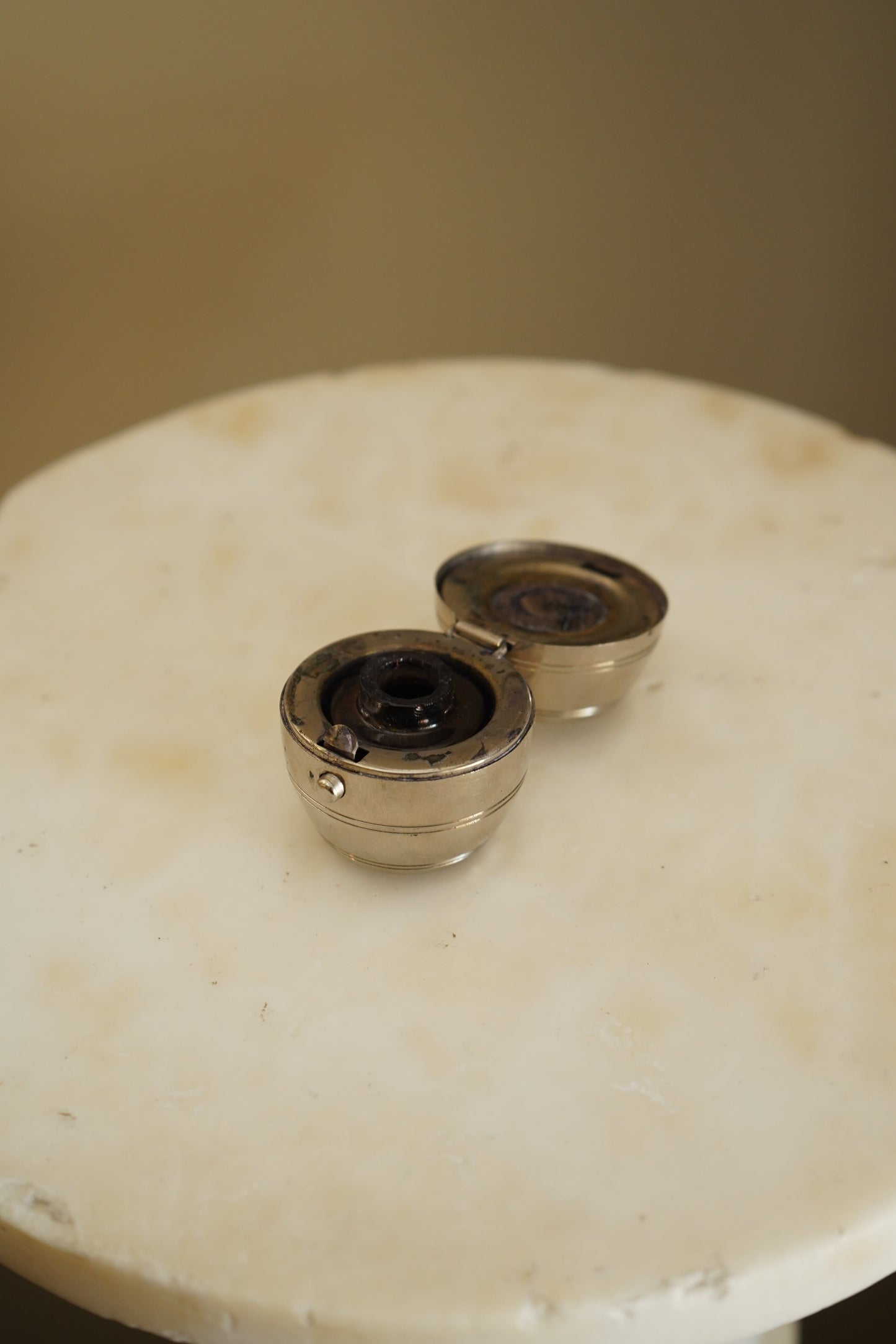 Antique Silver Plated Barrel Travel Inkwell with Glass Liner | Victorian to Edwardian Era Portable Ink Pot