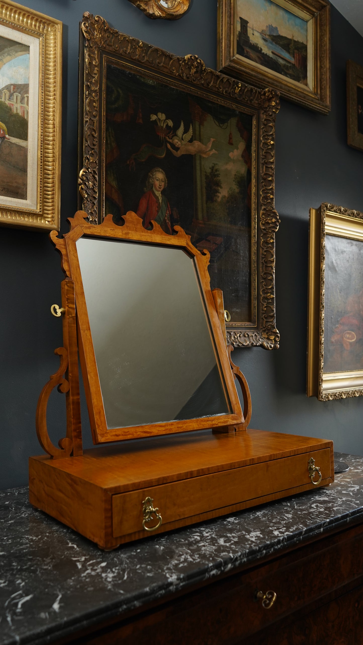 Antique English Dressing Table Mirror in Bird’s Eye Maple Circa 1830 to 1850