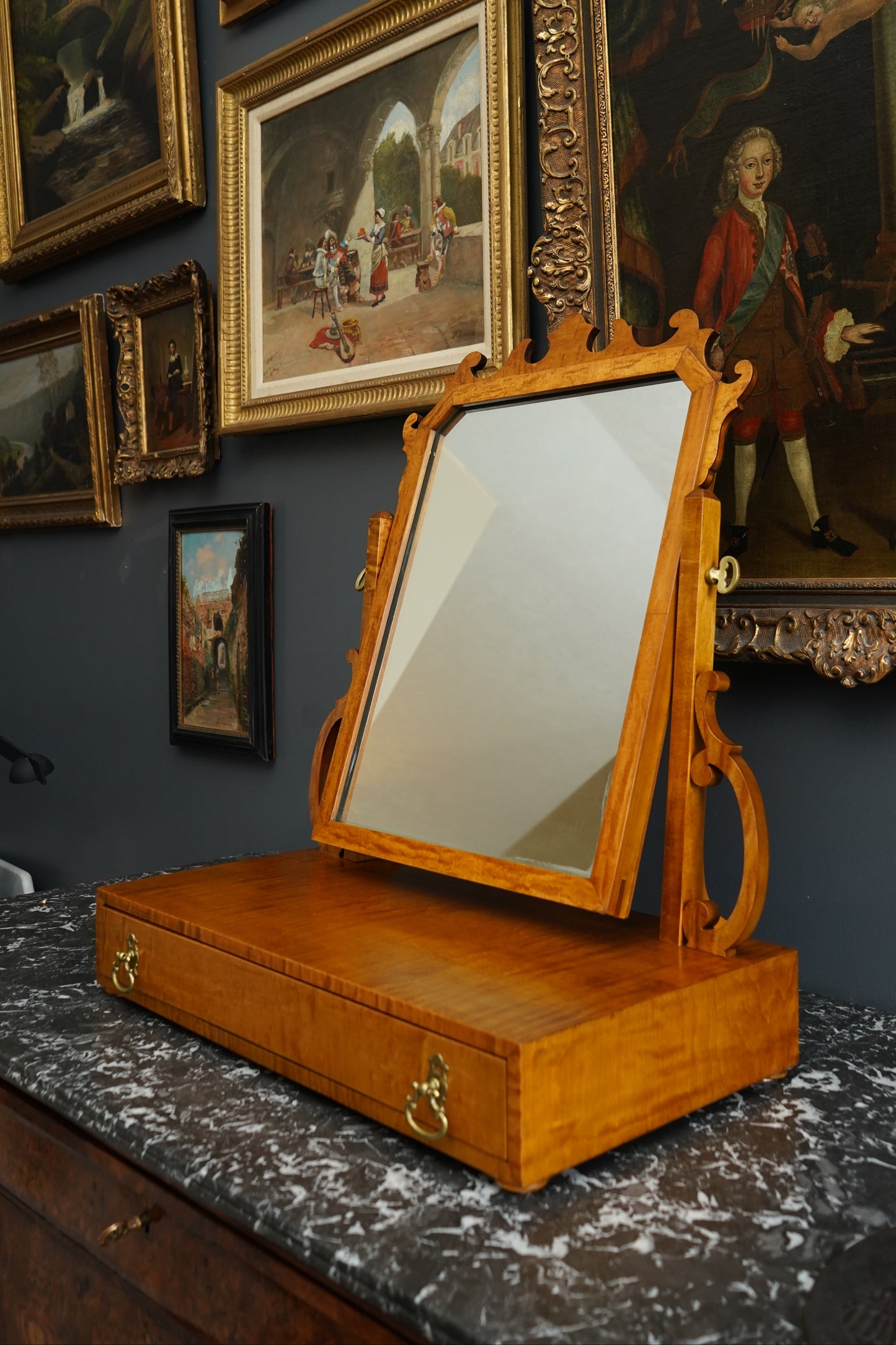 Antique English Dressing Table Mirror in Bird’s Eye Maple Circa 1830 to 1850