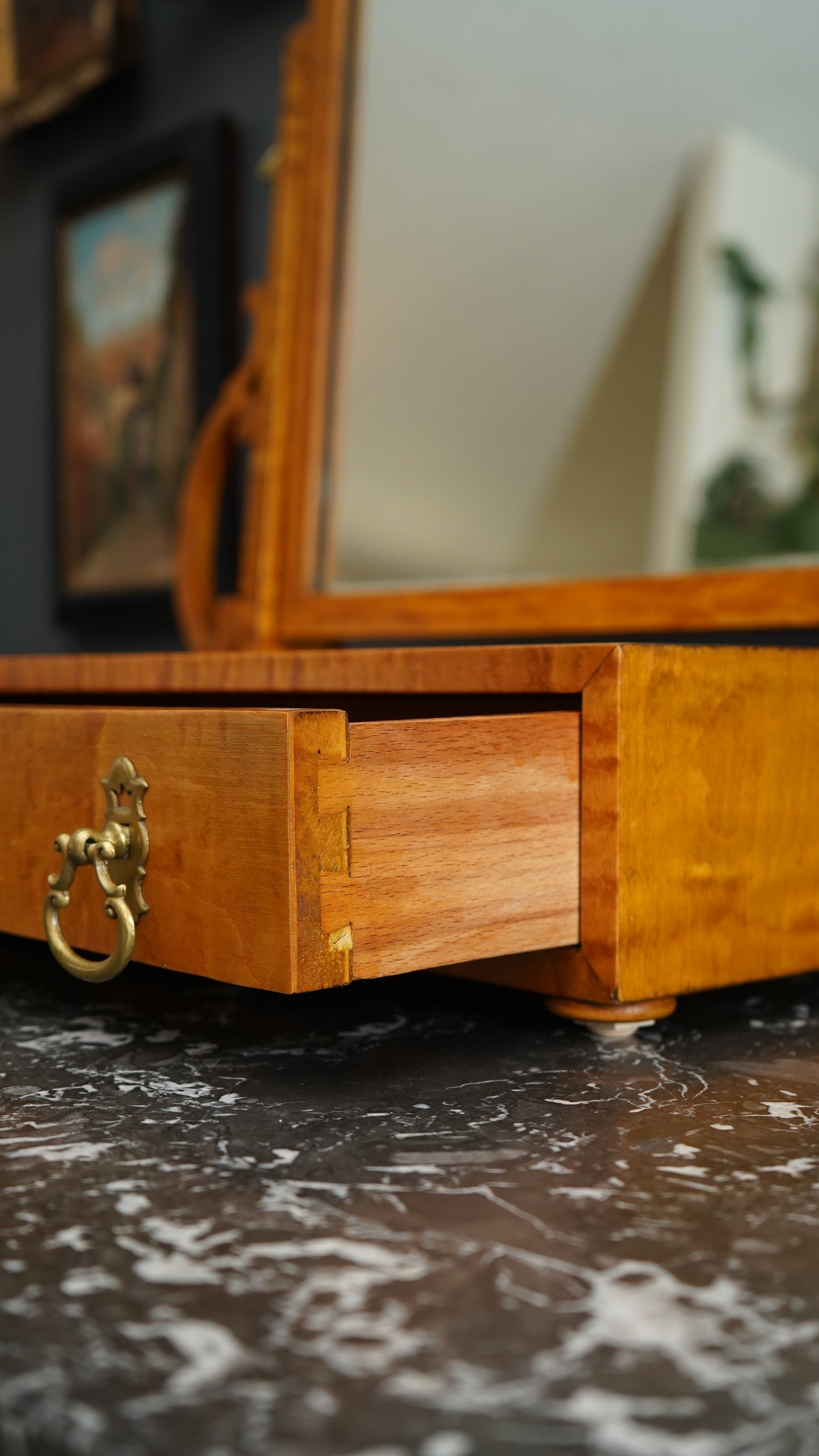 Antique English Dressing Table Mirror in Bird’s Eye Maple Circa 1830 to 1850