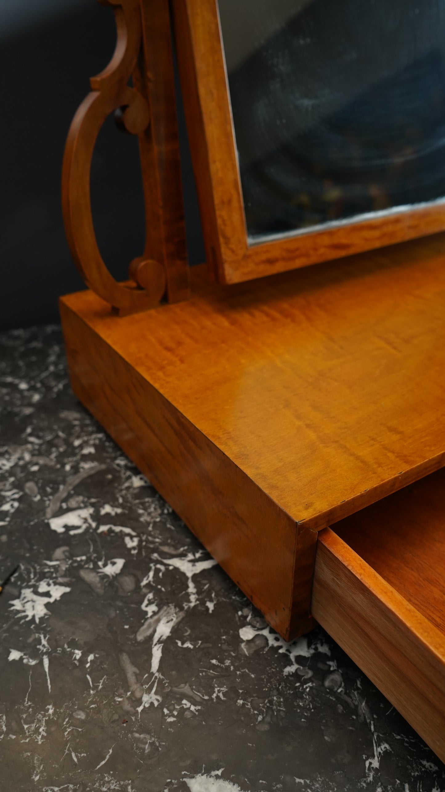 Antique English Dressing Table Mirror in Bird’s Eye Maple Circa 1830 to 1850