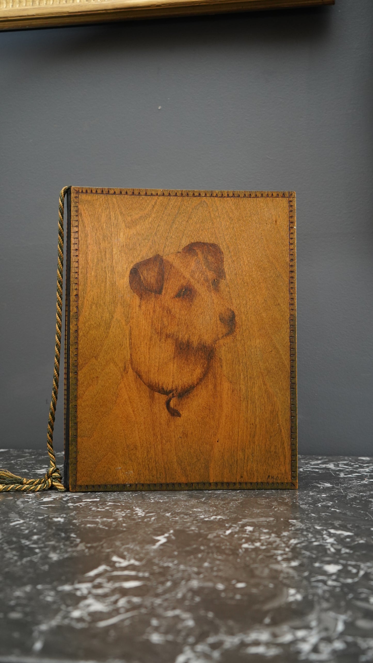 Antique Handcrafted Pokerwork Terrier Writing Blotter, Signed F.H.O., c. 1910–1930