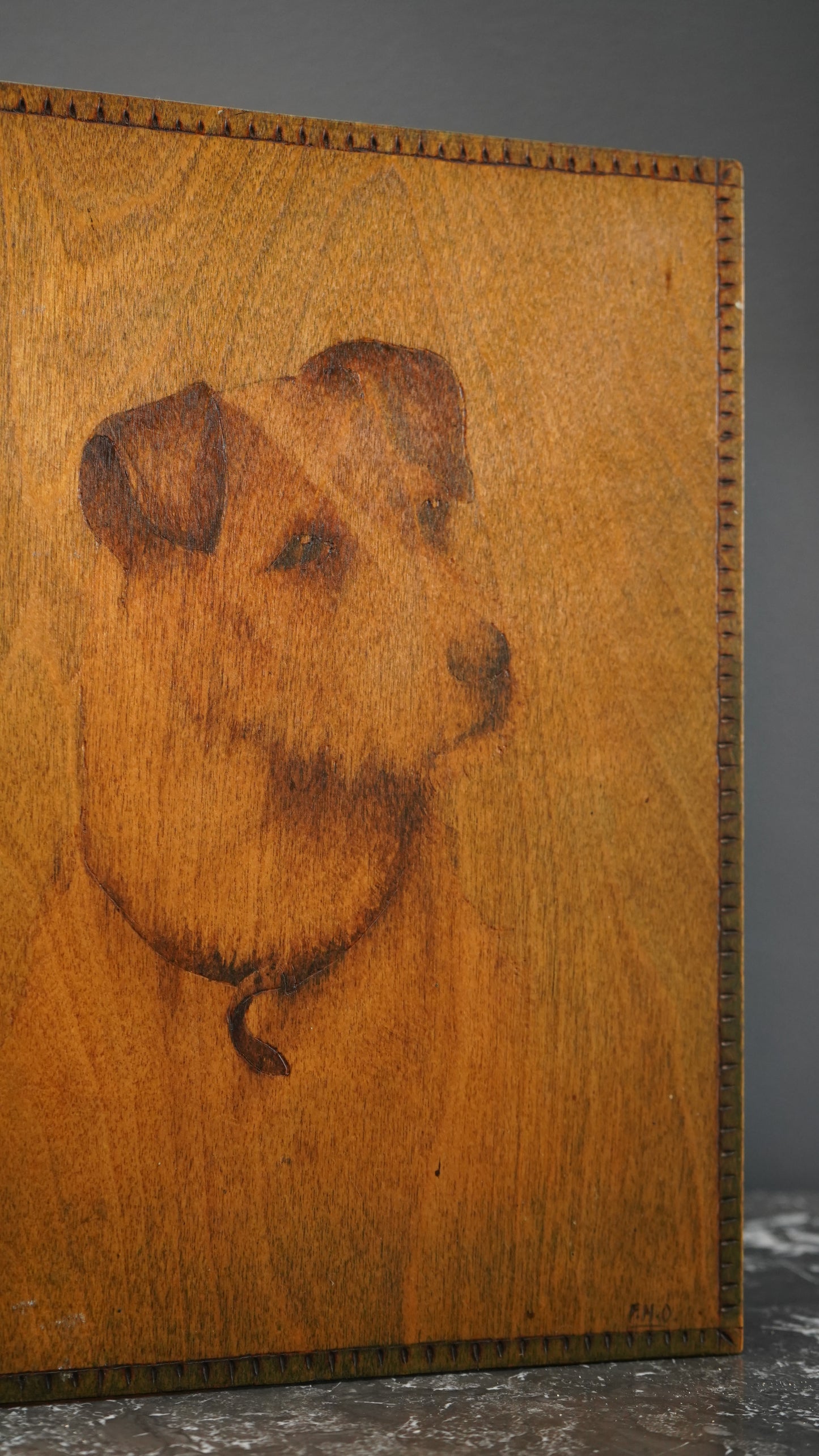 Antique Handcrafted Pokerwork Terrier Writing Blotter, Signed F.H.O., c. 1910–1930